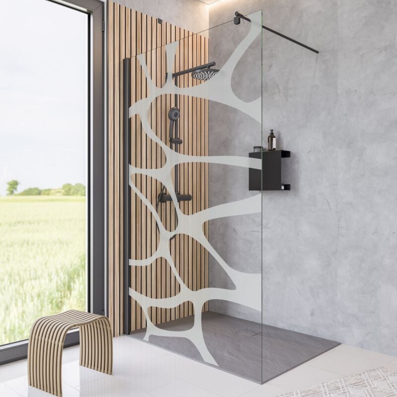 Paroi de douche 120 x 200 cm à l'italienne, profilé noir, paroi fixe Walk In verre 6 mm décor cailloux sérigraphié, NewStyle Schulte