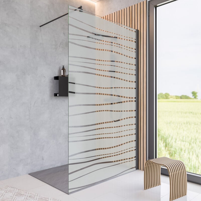 Paroi de douche à l'italienne, profilé noir à clipser, paroi fixe Walk In, NewStyle Schulte traitement anticalcaire, décor Mistral, verre 5 mm, 90 x