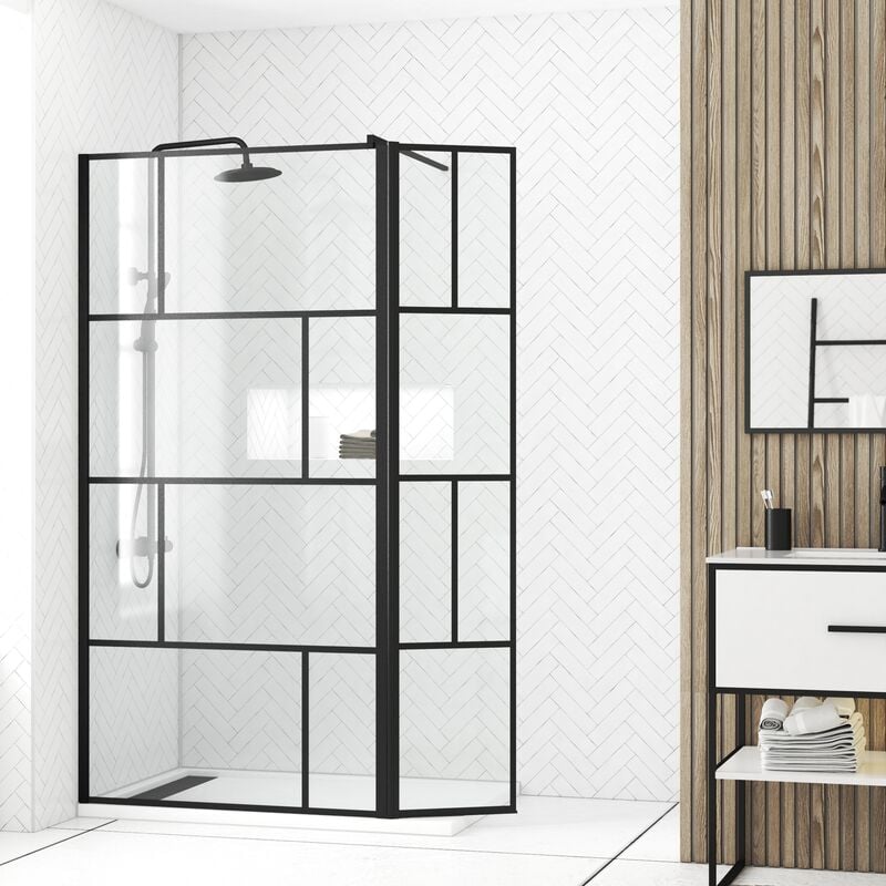 Paroi de douche avec pivot 80+40x195cm - Sérigraphie type Briques et Profilés Noir - dark blocks