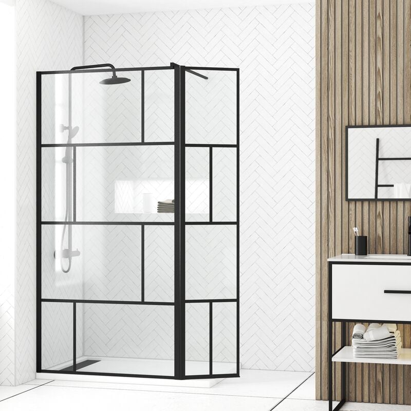 Paroi de douche avec pivot 100+40x195cm - Sérigraphie type Briques et Profilés Noir - dark blocks