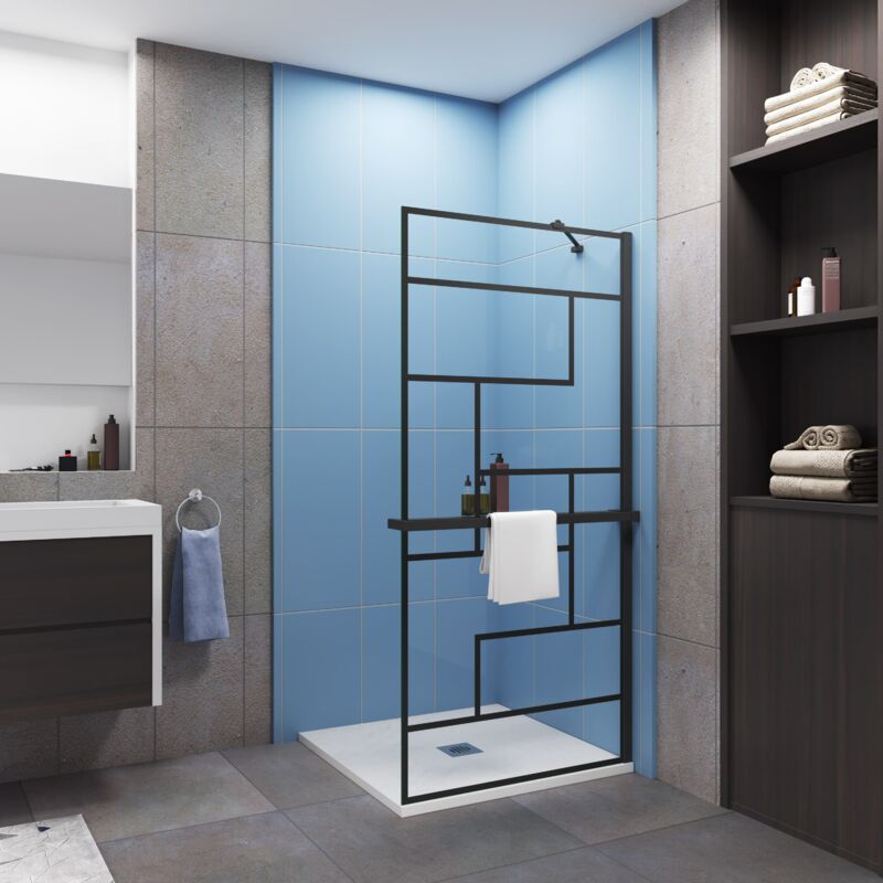 Paroi de douche à l'italienne sérigraphie brique 90x200cm installé avec une de barre de fixation d’angle de 45cm,livré avec étagère de douche noir Paroi de douche à l'italienne sérigraphie brique 90x200cm installé avec une de barre de fixation d’angle de 45cm,livré avec étagère de douche noir