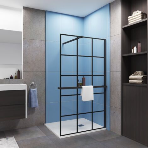 Paroi de douche à l'italienne sérigraphie brique 120x200cm installé avec une barre de fixation noir 73-120cm extensible,livré avec étagère de douche noir