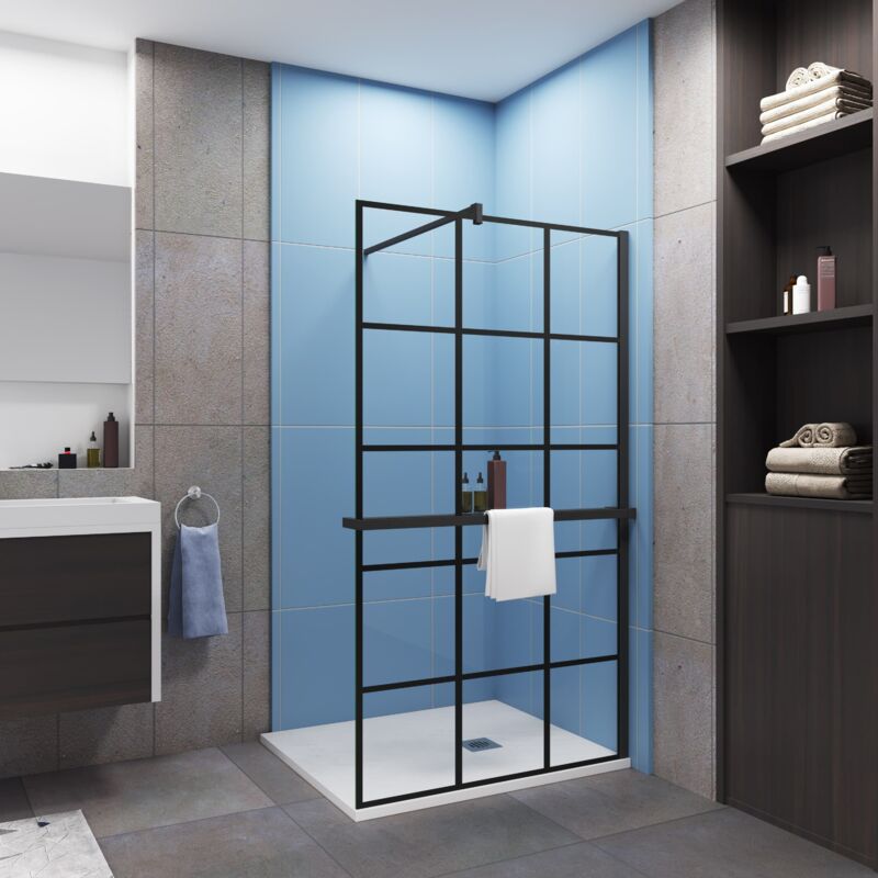 Paroi de douche à l'italienne sérigraphie brique 80x200cm installé avec une barre de fixation carré en 140cm,livré avec étagère de douche noir