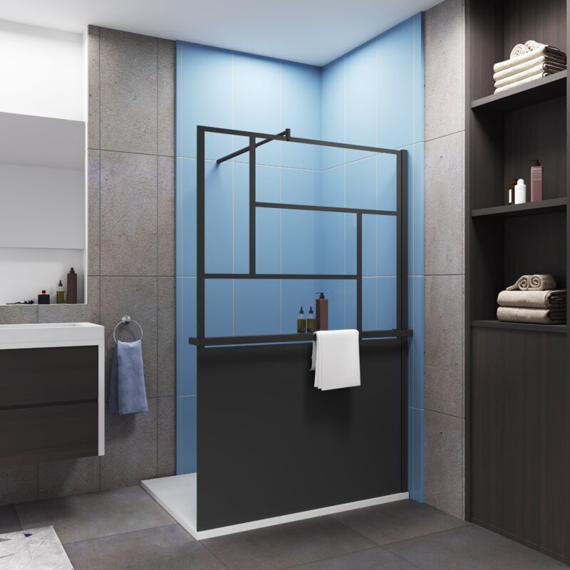 Paroi de douche à l'italienne type atelier 100x200cm installé avec une barre de fixation en cylindrique,livré avec étagère de douche noir