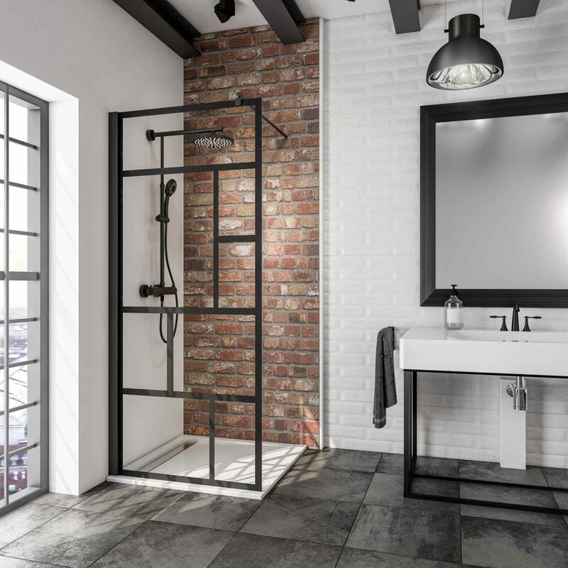 Paroi de douche à l'italienne, profilé noir à clipser, paroi fixe Walk In style industriel, NewStyle Atelier Schulte verre 6 mm 90 x 200 cm
