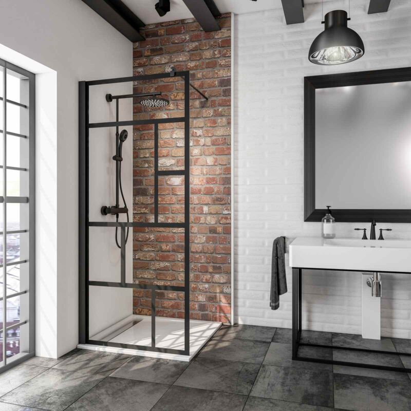 Paroi de douche à l'italienne, profilé noir à clipser, paroi fixe Walk In style industriel, NewStyle Atelier Schulte verre 6 mm 90 x 200 cm