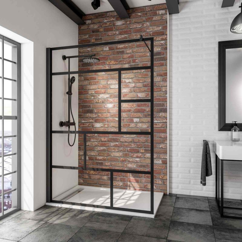 Paroi de douche à l'italienne, profilé noir à clipser, paroi fixe Walk In style industriel, NewStyle Atelier Schulte, verre 6 mm anticalcaire, 140 x