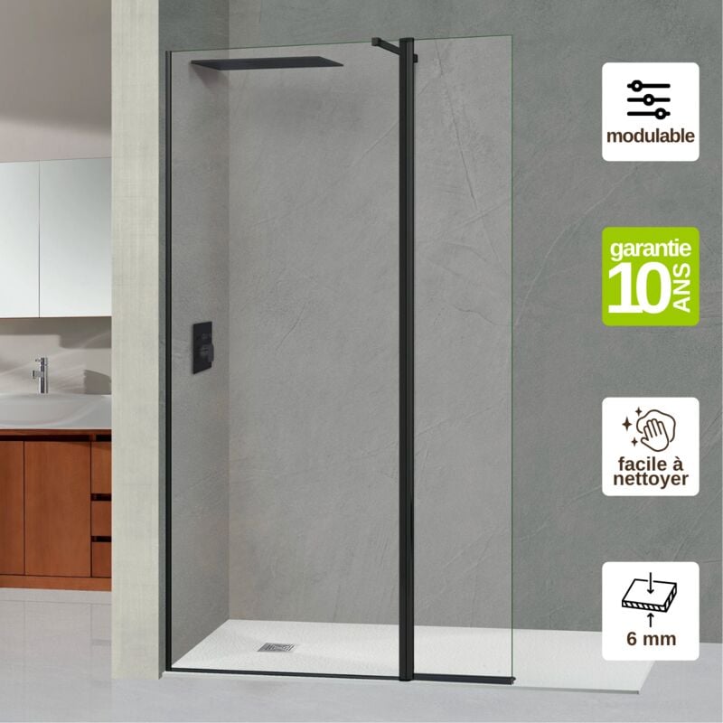 Pare douche fixe avec déflecteur Droit en verre sécurité transparent ép 6mm easy clean, L(73+32)105H195 cm, profilé noir mat Superban Alsace
