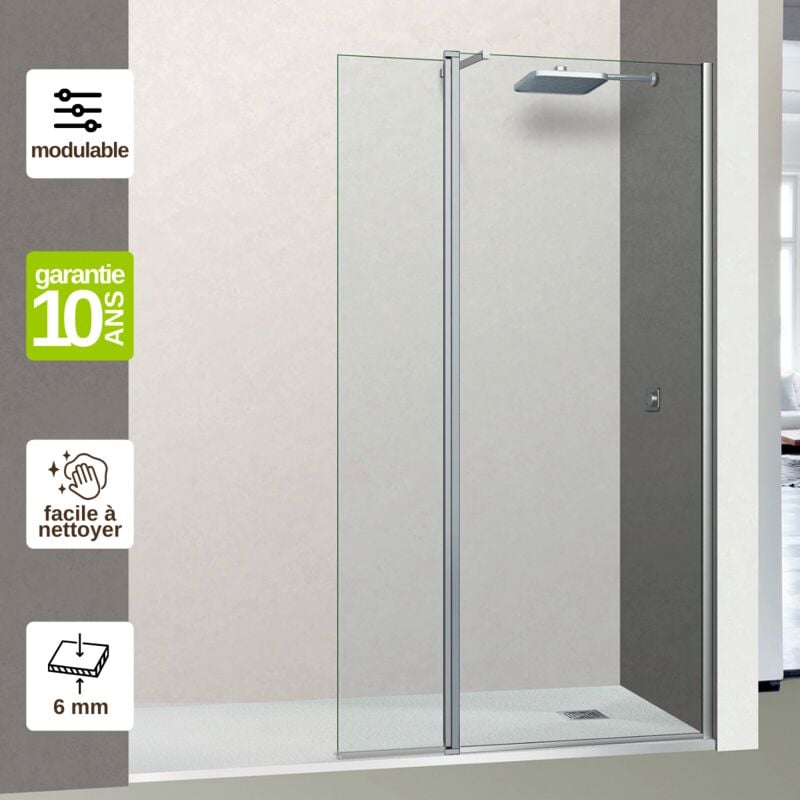 Pare douche fixe avec déflecteur Gauche en verre sécurité transparent ép 6mm easy clean, L(73+32)105H195 cm, profilé chrome Superban Alsace