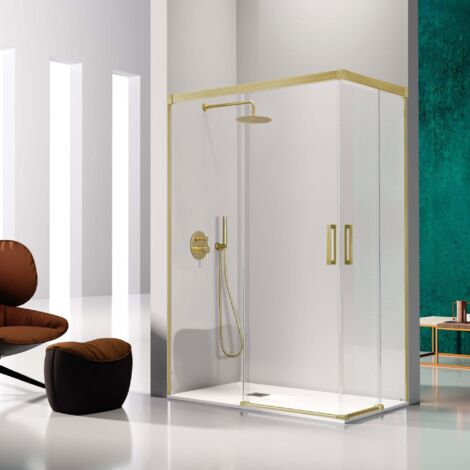 Paroi de douche accès en angle 2 verres fixes + 2 portes coulissantes GLASÉ or brossé 110 x 90 cm