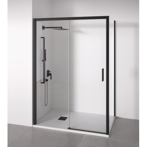 Paroi de douche angulaire 1 coulissante + 2 fixes - Verre 6mm - Noir mat - Largeur 115-120 x 87-90cm - Porte droite - Hauteur 195cm