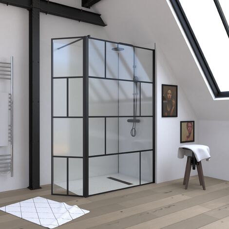 Paroi de douche avec pivot 120+40x195cm - Sérigraphie type Briques et Profilés Noir - DARK BLOCKS