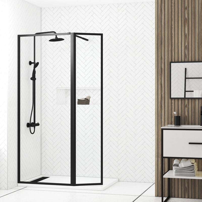 Paroi de Douche avec Volet Pivotant - Cadre et Bras Alu. noir mat - 80+40x200cm - dark contouring