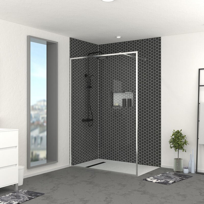 Paroi de Douche 140x200 cm - Cadre et Bras Aluminium Chrome - chromed contouring