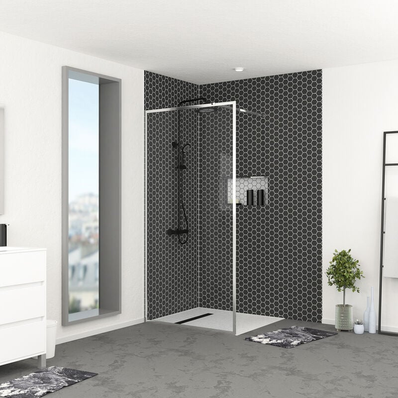 Paroi de Douche 100x200 cm - Cadre et Bras Aluminium Chrome - chromed contouring