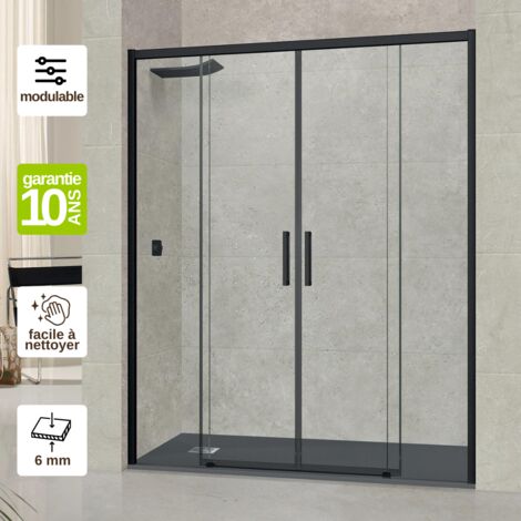 Paroi de Douche Coulissante DROITE en Verre Trempé 6 mm - L132xl136H195 cm - profilé noir mat -  Vézannes 4P SUPERBAN