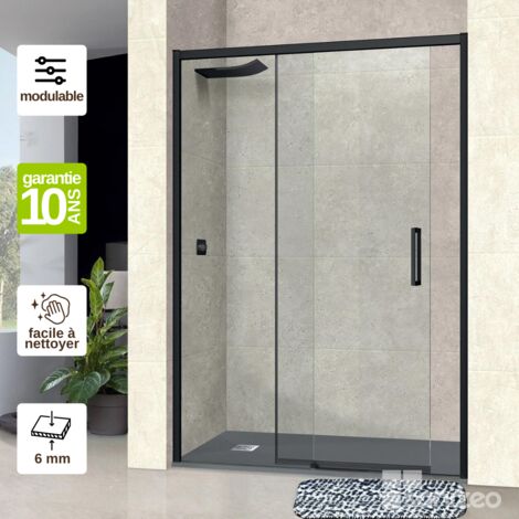 Paroi de Douche Coulissante DROITE en Verre Trempé 6 mm - L156xl160H195 cm - profilé noir mat -  Vézannes 2P SUPERBAN