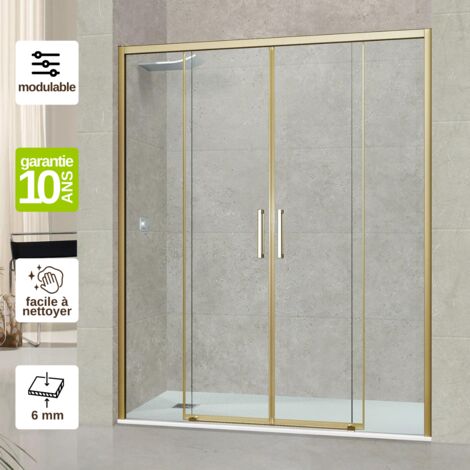 Paroi de douche coulissante en verre trempé 6 mm – L156 x l160 x H195 cm – profilé or – ouverture 180° – traitement anti-calcaire - L156xl160H195