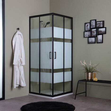 Paroi De Douche Coulissante Sérigraphiée 80X80 Avec Profilés Noirs Mats  City