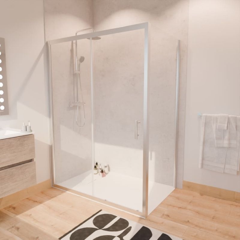 Paroi de douche d'angle avec porte coulissante + retour fixe nerina - 140x90 cm