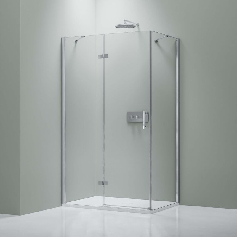 Cabine de douche d'angle en verre trempé sécuritaire esg 8mm, Paroi de douche en coin 2 portes battantes, Profilé Chrome - DX403 Porte s'ouvrant sur
