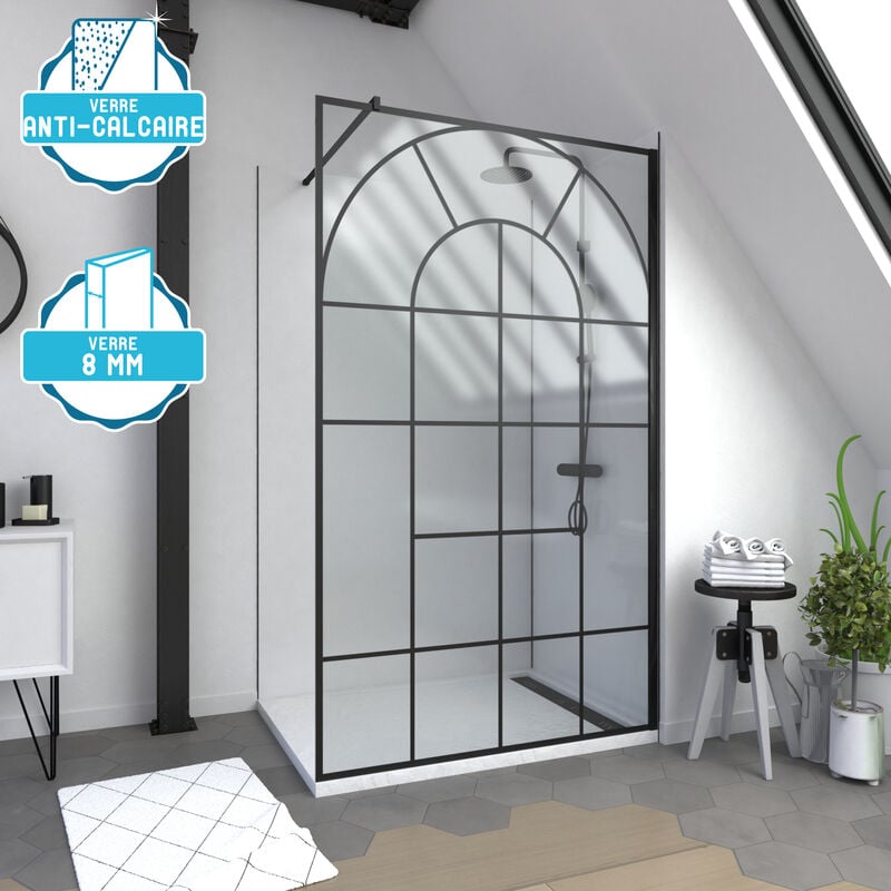 Paroi de douche Déco 120x195cm Verre Anticalcaire 8mm Sérigraphié - Barre de fixation Noir Mat