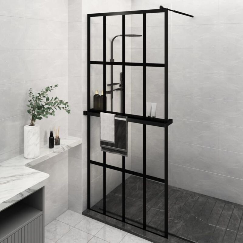 Paroi de douche Écran de douche Paroi fixe avec étagère Noir 90x195 cm Verre ESG&Aluminium CVW31245