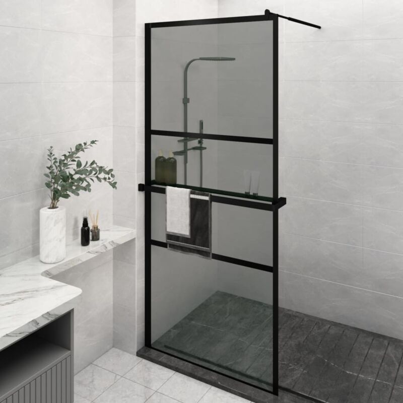 Paroi de douche Écran de douche Paroi fixe avec étagère Noir 90x195 cm Verre ESG&Aluminium CVW45365
