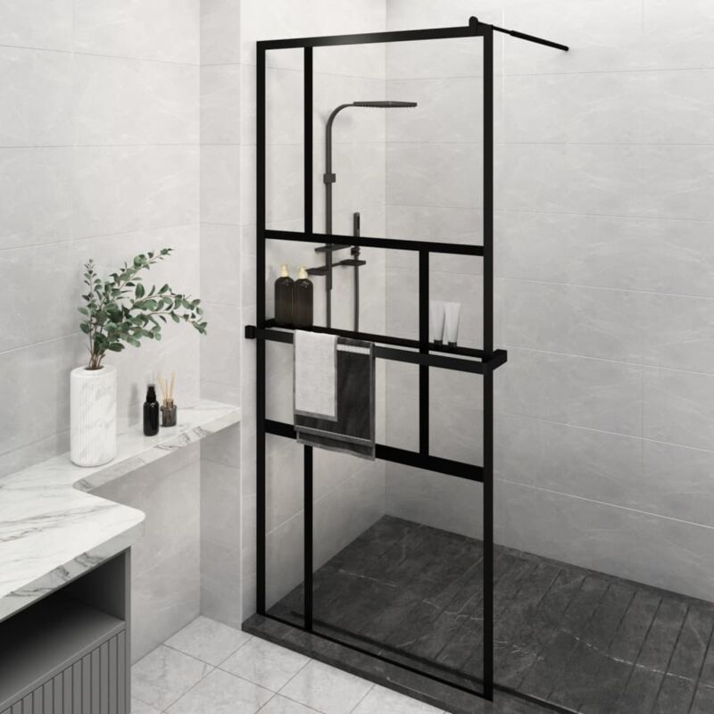 Paroi de douche Écran de douche Paroi fixe avec étagère Noir 90x195 cm Verre ESG&Aluminium CVW92194