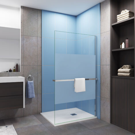 Paroi de douche en bande central dépoli 140x200cm avec porte serviette-étagère chromé