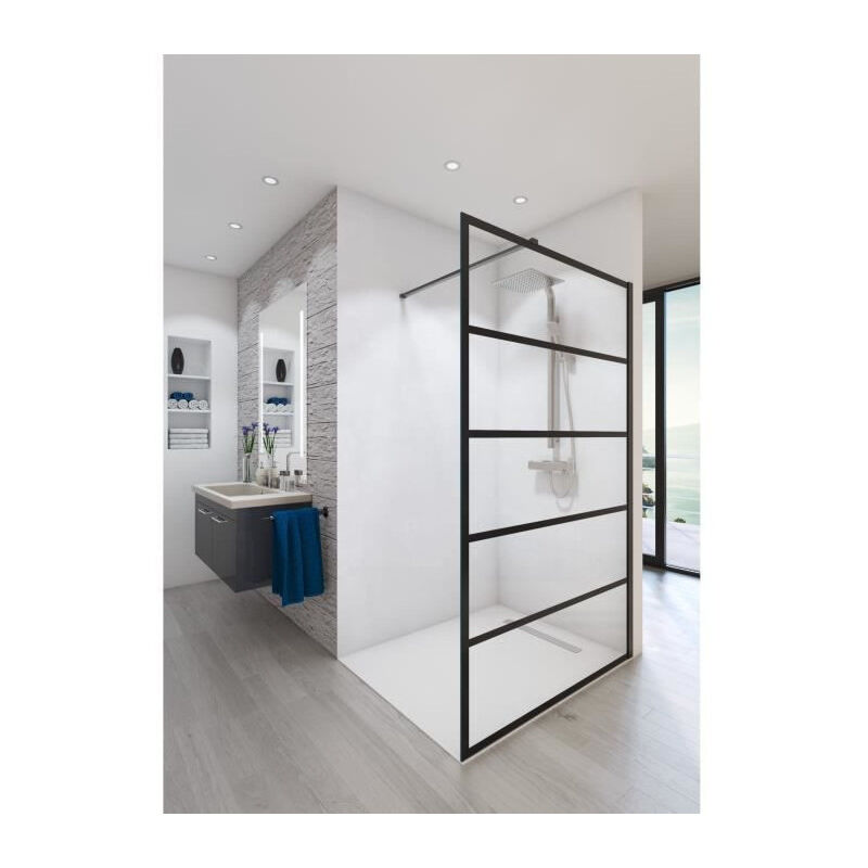 Saint-Gobain Paroi de douche en kit BALEARES ATELIER N2 - Verre Timeless 8 mm trempe - L.140 cm x H.198 cm - Profile Noir