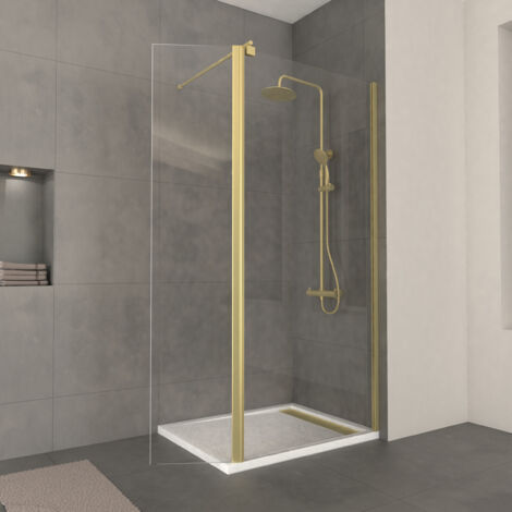 paroi de douche et volet pivotant 90+40x200 cm - profilé + barre de fixation or doré brossé