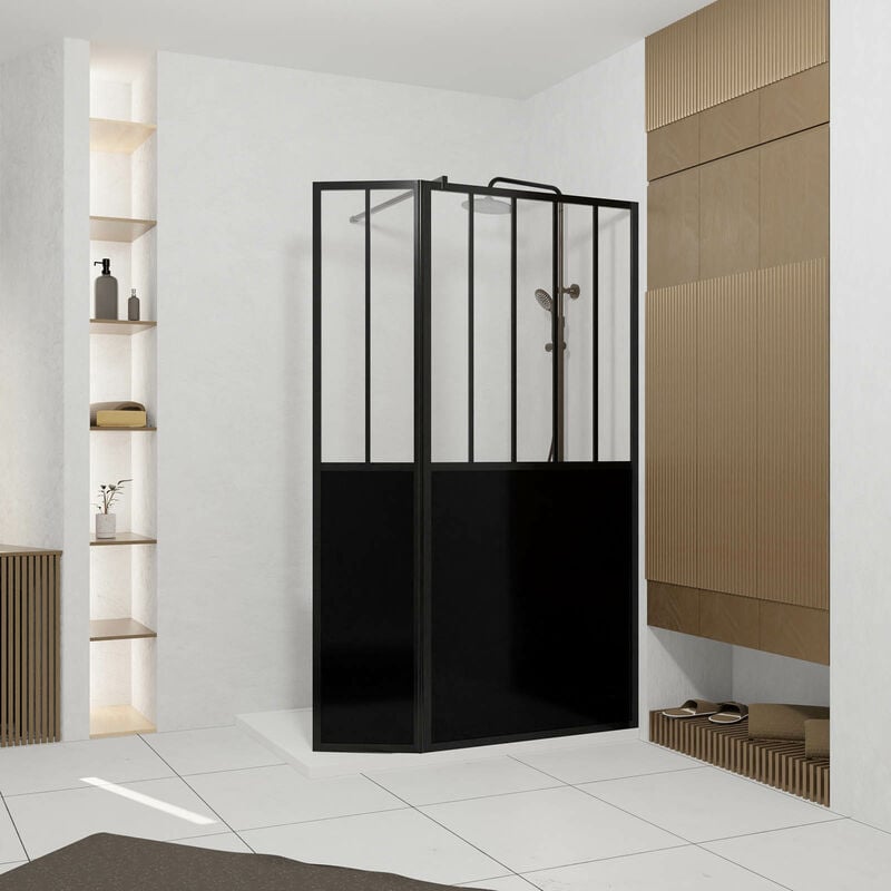 Aurlane - Paroi de Douche Façon Verrière avec Volet Pivotant - 90+40x200 cm - Verre Transparent et Noir