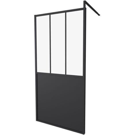Paroi de douche fixe 100x200 noir – Verre transparent – Cadre réversible – Réglable – Design industriel pour salle de bain moderne