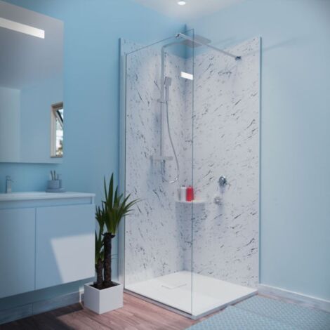 Paroi de douche fixe 80x200 cm – Verre trempé anticalcaire 8 mm – Système Stop Water pour étanchéité – Barre de soutien inox incluse – Calypso