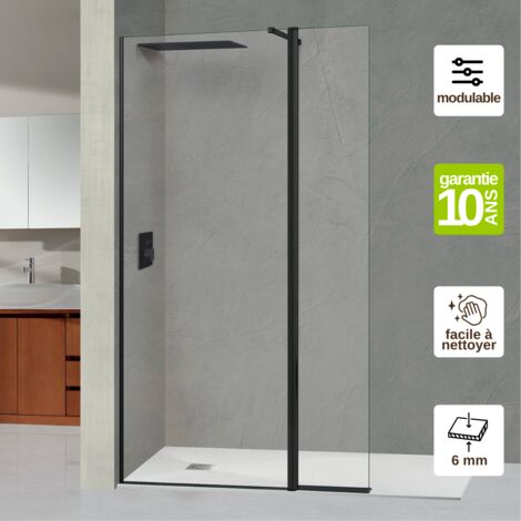 Paroi de Douche Fixe avec Déflecteur Droit – Verre Trempé Transparent 6 mm Anti-calcaire - L(73+32)105H195 cm - noir mat -  Alsace Sport + SUPERBAN