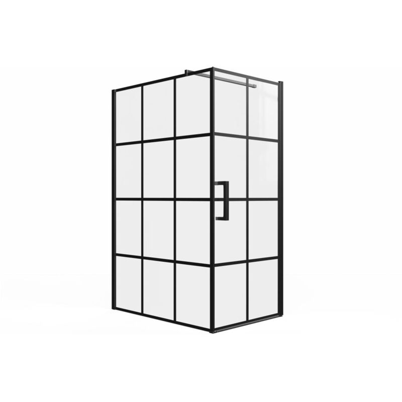 Vente-unique - Paroi de douche fixe avec porte pivotante serigraphiée noir mat - 120 x 80 x 190 cm - caparica