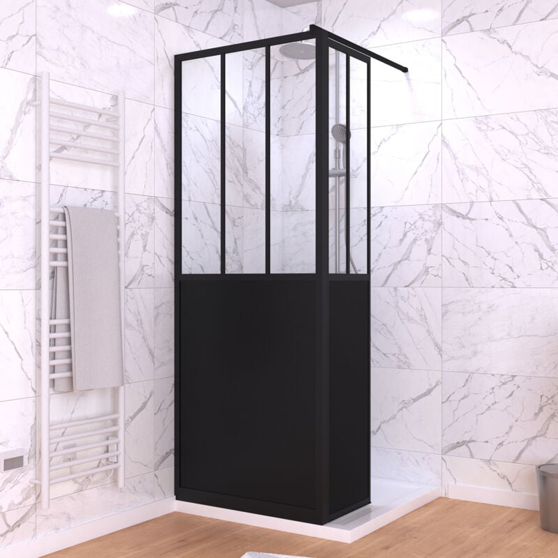 Aurlane - Paroi de Douche Fixe avec Volet Pivotant 80+40 x 200 cm - Finition Noir Mat et Verre Trempé