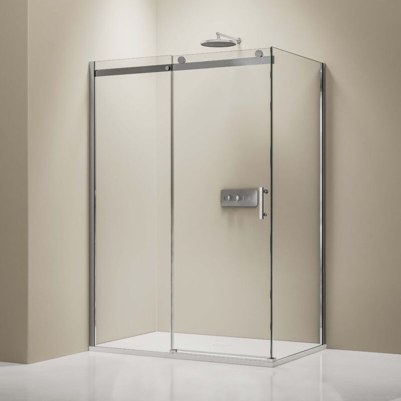 Cabine de douche d'angle verre trempé 8mm, Paroi de douche en coin porte coulissante, profilé Chrome - 90x120x195cm - EX806 - Porte s'ouvrant sur la
