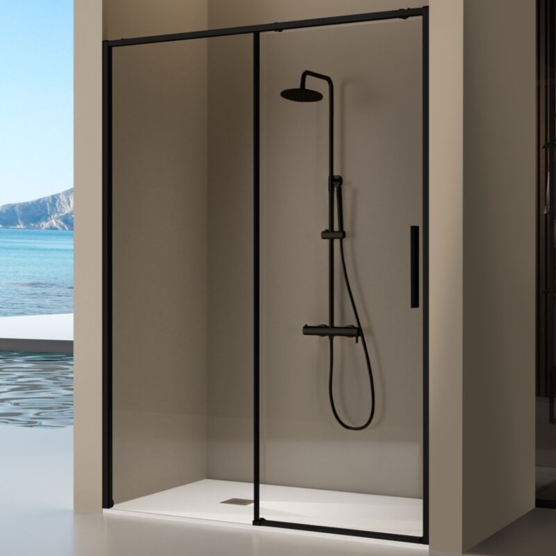 Kassandra - Paroi de douche fixe + porte coulissante delta noir mat 123-125.6 cm