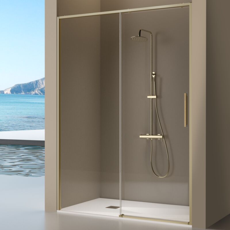 Paroi de douche dorée fixe + porte coulissante delta or brossé 123-125.6 cm