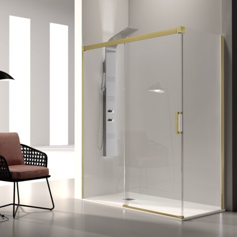 Paroi de douche fixe + Porte coulissante GLASÉ or brossé 150 cm Sans paroi latérale