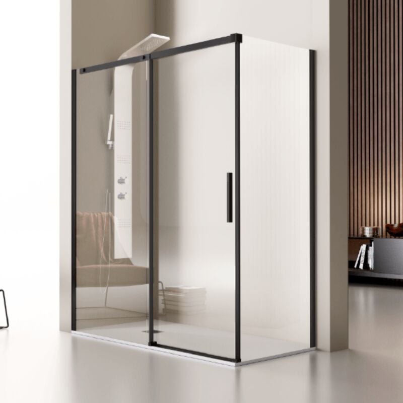 Paroi de douche fixe + Porte coulissante LUNA profil noir mat 100 cm Sans paroi latérale
