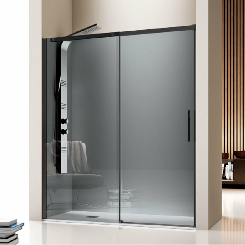 Paroi de douche fixe + Porte coulissante luna profil noir mat verre fumé 125 cm Sans paroi latérale