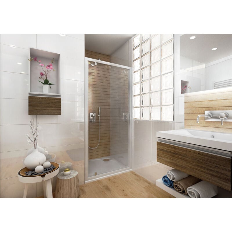 Paroi de douche fixe pour porte ancoswing en verre sérigraphié transparent 4mm, 80x190 cm, profil blanc