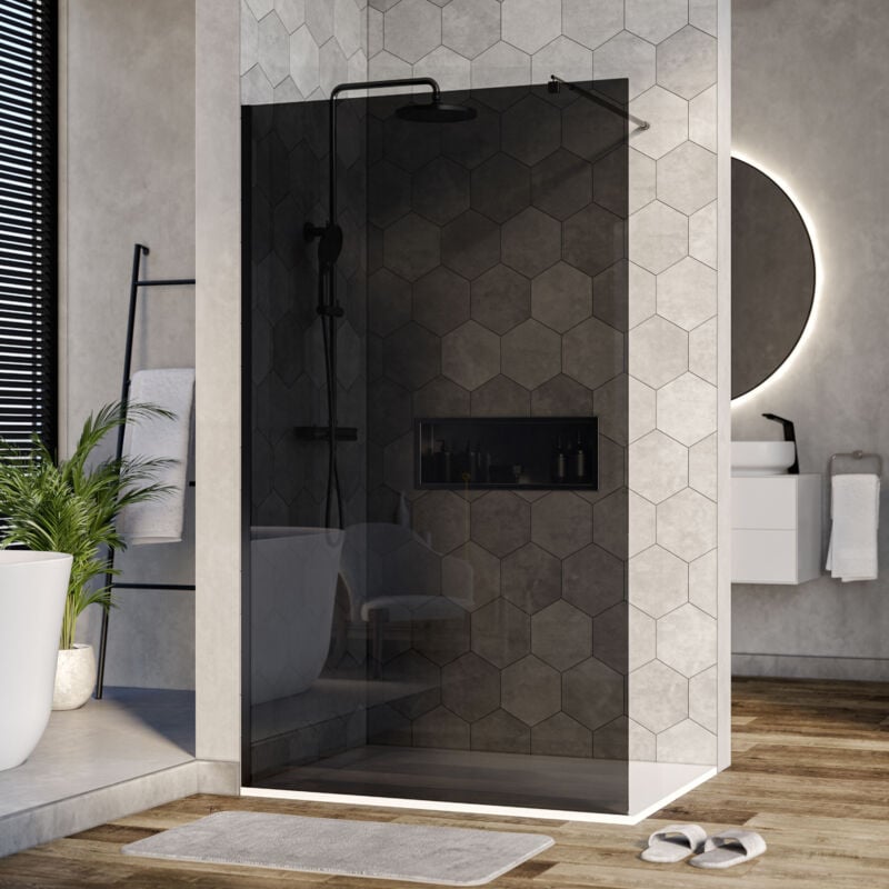 Paroi de douche à l'italienne verre trempé fumé nano 8mm - EX101 - profilé alu noir 15mm - H.200cm 1200mm - Bernstein