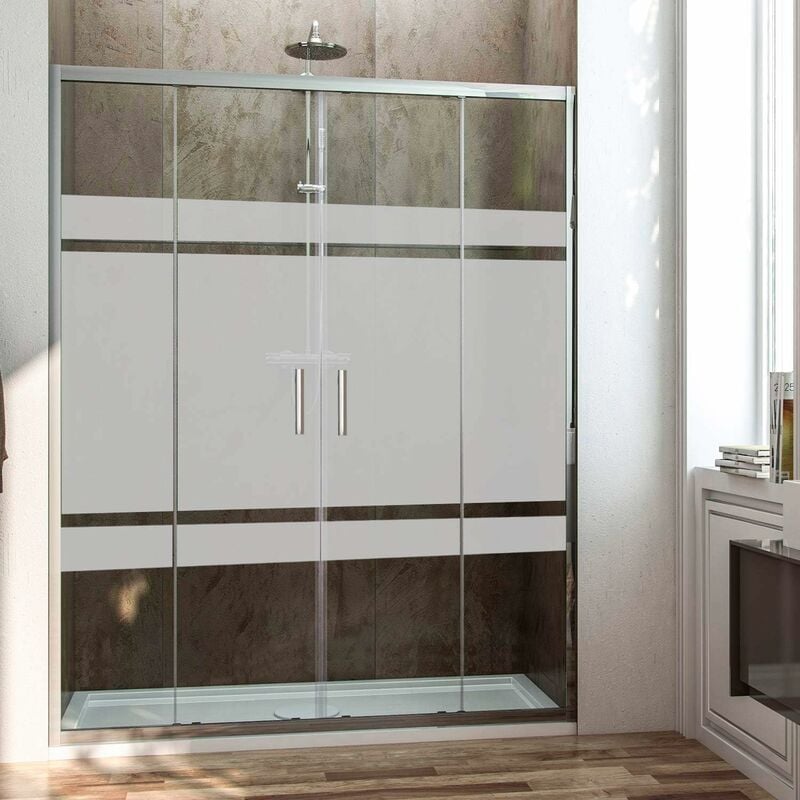 Decohor - Paroi de douche frontale avec ouverture centrale. 2 panneaux fixes avec 2 portes coulissantes en verre sérigraphie profil chromé 200CM