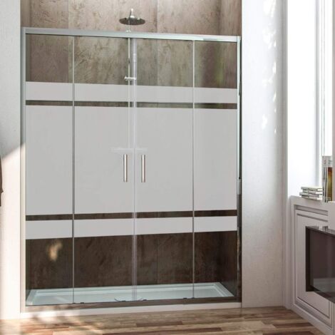 Paroi de douche frontale avec ouverture centrale. 2 panneaux fixes avec 2 portes coulissantes en verre sérigraphie profil chromé 200CM