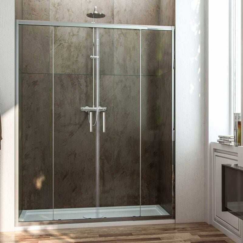 Decohor - Paroi de douche frontale avec ouverture centrale. 2 panneaux fixes avec 2 portes coulissantes en verre transparent profil chromé 200CM
