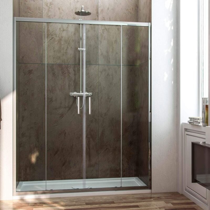 Decohor - Paroi de douche frontale avec ouverture centrale. 2 panneaux fixes avec 2 portes coulissantes en verre transparent profil chromé 150CM